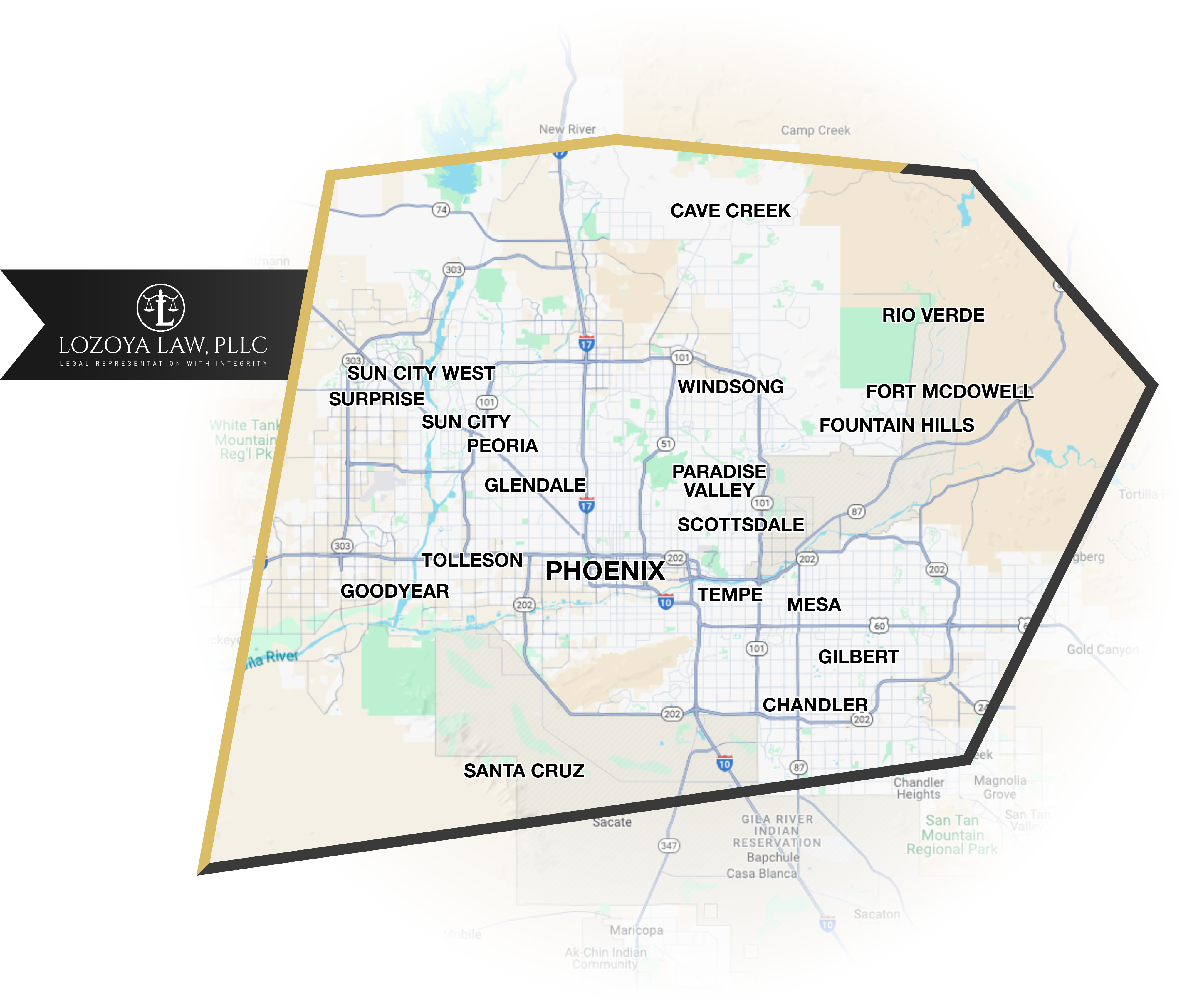 Lozoya Law service area map — Greater Phoenix Metropolitan Area